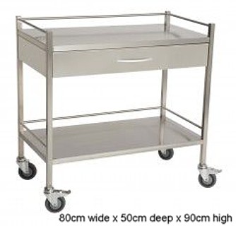An 80cm wide STAINLESS STEEL TROLLEY with one draw, front 2 castors can be locked and all edges are folded for hand safety.