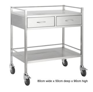 An 80cm wide STAINLESS STEEL TROLLEY with 2 draws side by side, front 2 castors can be locked and all edges are folded for hand safety.