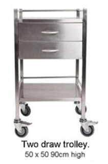 STAINLESS STEEL TROLLEY with two draws, front 2 castors can be locked and all edges are folded for hand safety.