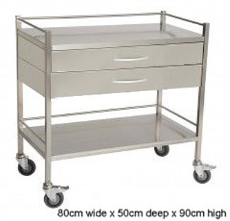 An 80cm wide STAINLESS STEEL TROLLEY with 2 wide draws, front 2 castors can be locked and all edges are folded for hand safety.