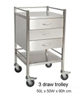 STAINLESS STEEL TROLLEY with three draws, front 2 castors can be locked and all edges are folded for hand safety.