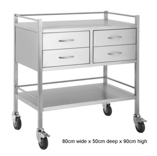 An 80cm wide STAINLESS STEEL TROLLEY with four half draws, front 2 castors can be locked and all edges are folded for hand safety. 